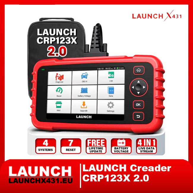 Launch Creader CRP123X 2.0 diagnostic scanner with carry case, service reset functions, and live data capabilities