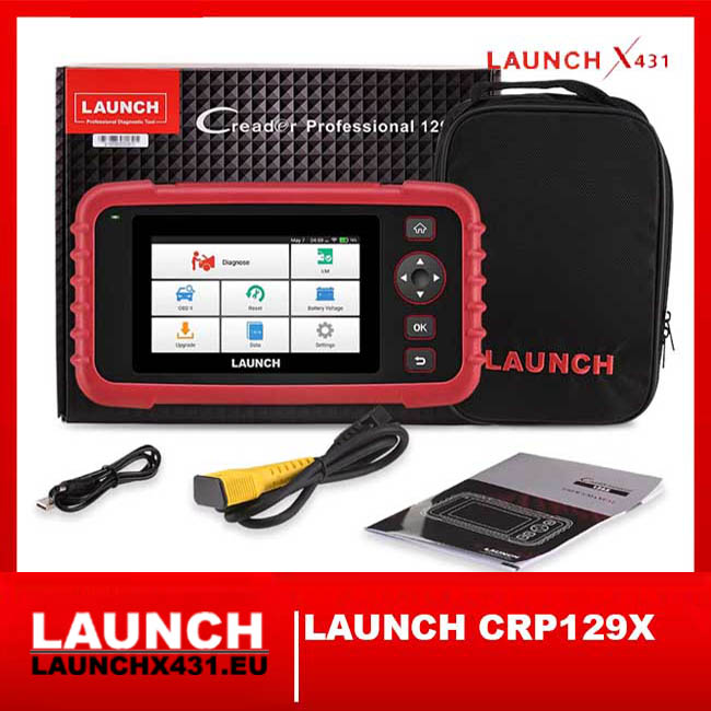 Launch Creader CRP129X diagnostic scanner with accessories, carry case, and packaging for full-system vehicle diagnostics