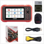Launch CRP129E Plus Elite package contents including scanner, manual, carrying bag, USB cable, OBD2 cable, and retail box
