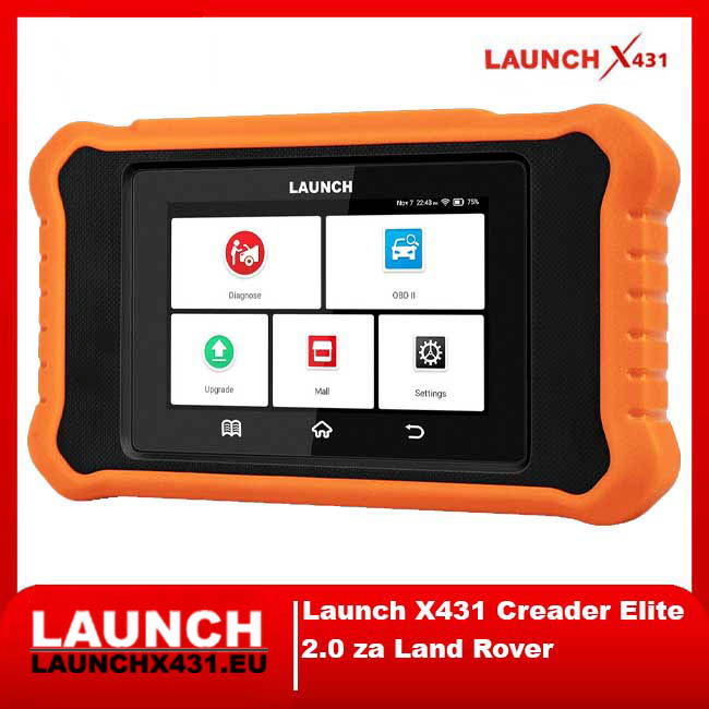Launch X431 Creader Elite 2.0 diagnostic scanner for Land Rover with rugged orange casing and touchscreen interface.
