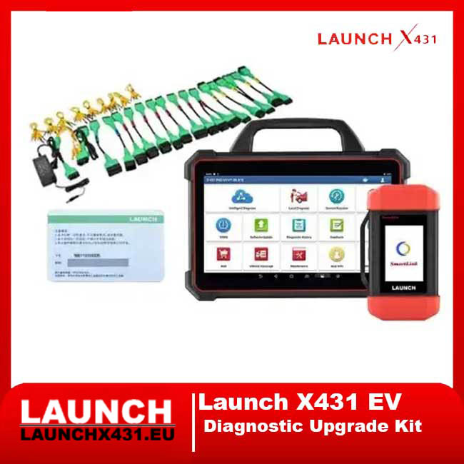 Launch X431 EV Diagnostic Upgrade Kit with Smartlink module, diagnostic tablet, software card, and full set of EV adapters.