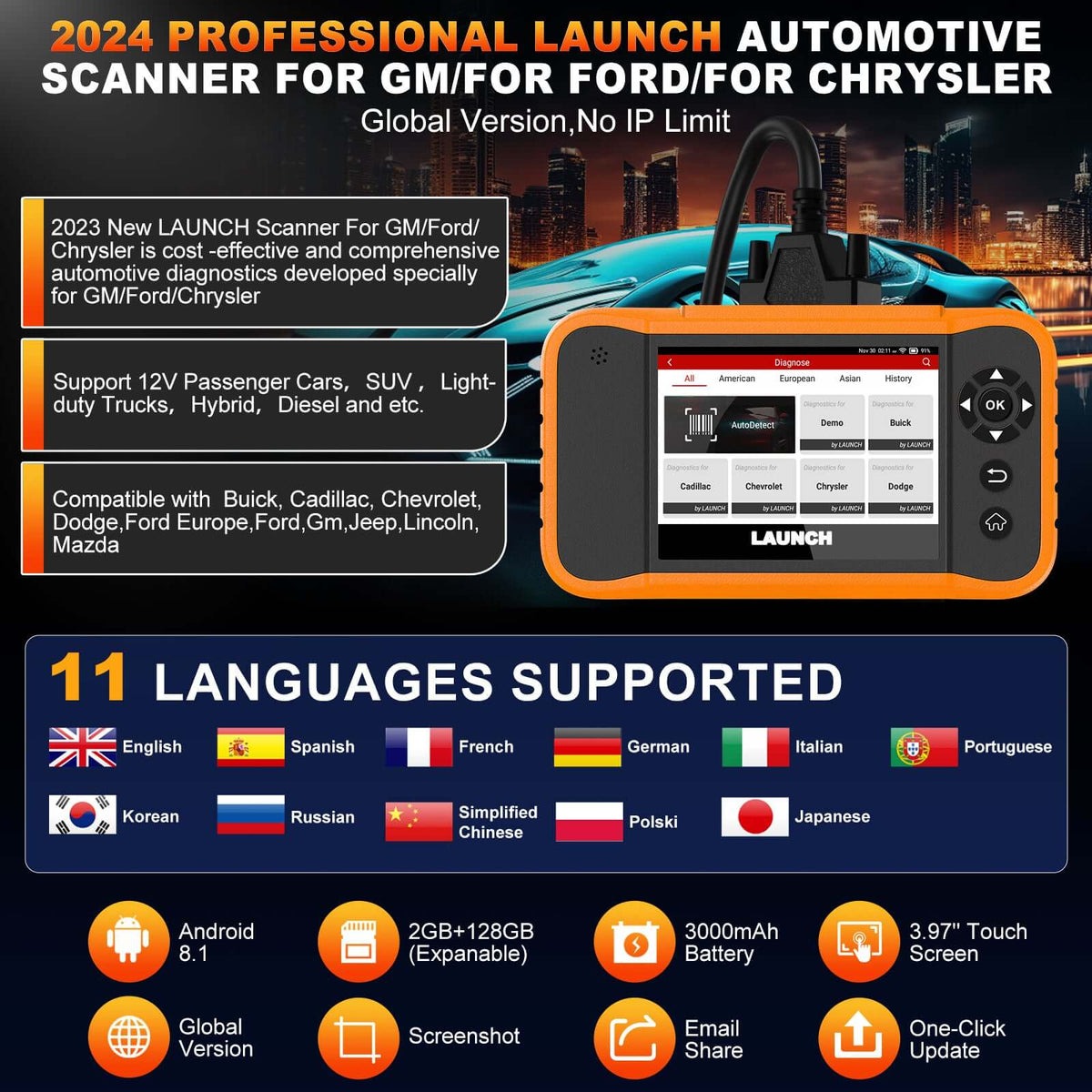 2024 Launch Automotive Scanner for GM Ford Chrysler with 11 Languages