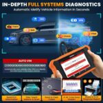 Launch X431 Creader Elite 2.0 providing full-system diagnostics including engine, ABS, TPMS, EPB, chassis, BMS, AFS, and SRS with Auto VIN scanning and live data.