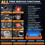 Launch X431 Creader Elite 2.0 offering free service reset functions including EPB reset, injector coding, oil reset, ABS bleeding, crankshaft relearn, BMS reset, throttle calibration, seat calibration, and more.