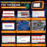Launch X431 Creader Elite functions overview including Auto VIN, DTC lookup, 4-in-1 data stream, battery register and updates