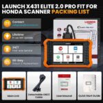 Launch X431 Elite 2.0 Pro diagnostic scanner packing list for Honda and Acura with device, OBD2 cable and manuals