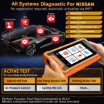 Launch X431 Creader Elite full-system diagnostic scanner for Nissan with engine, transmission, SRS, ABS, BCM, chassis and fuel system coverage.