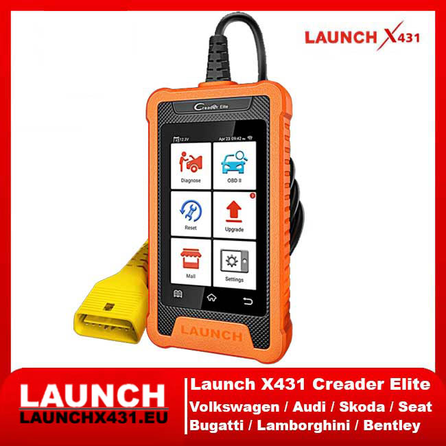 Launch X431 Creader Elite diagnostic scanner for Volkswagen, Audi, Skoda, Seat, Bentley, Lamborghini, and Bugatti vehicles.